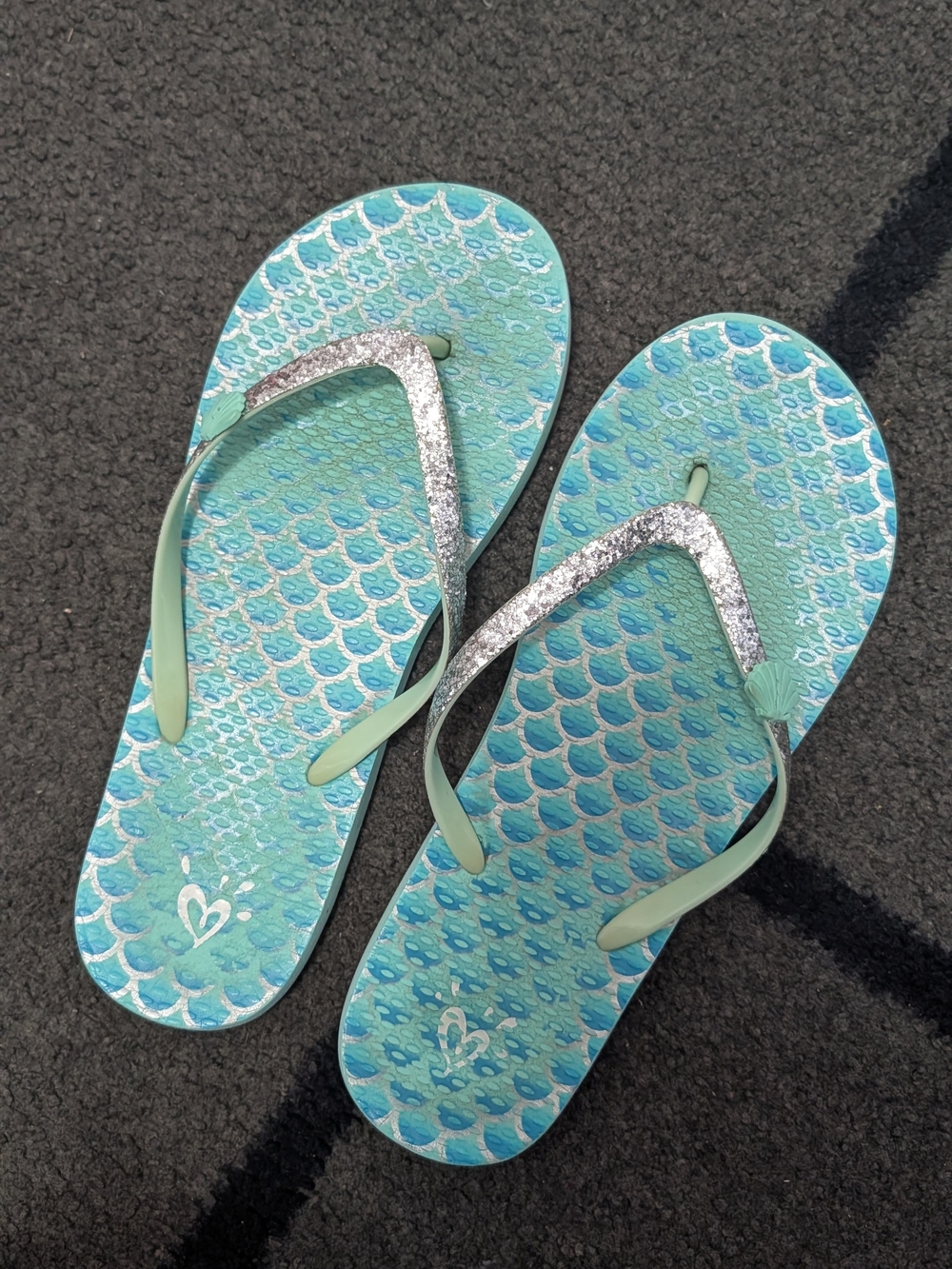 Justice Aqua Mermaid-Print Flip Flops with Silver Glitter Straps